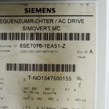 Siemens Frequenzumrichter Simovert MC 6SE7016-1EA51-Z Masterdrives Motion Control Ohne Optionskarte - Maranos.de