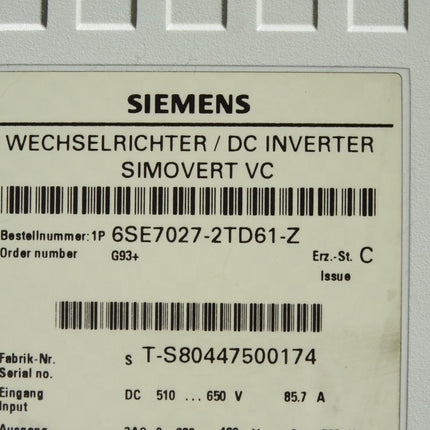 Siemens Simovert Wechselrichter 6SE7027-2TD61-Z mit Optionskarte G93 6SE7090-0XX84-0AB0 + 6SE7090-0XX84-0FF5 - Maranos.de