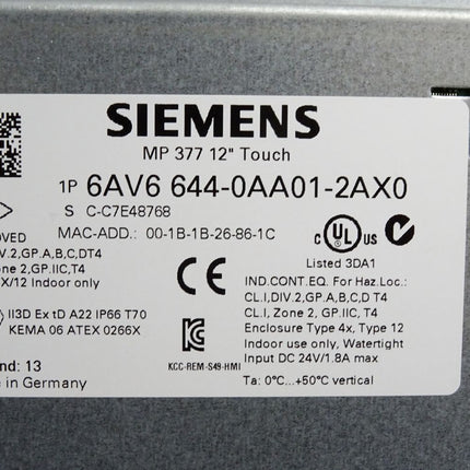 Siemens 6AV6644-0AA01-2AX0 6AV6 644-0AA01-2AX0 MP377 12" TouchPanel - Maranos.de