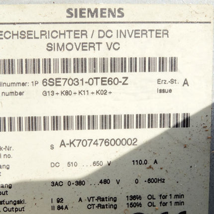 Siemens Wechselrichter Simovert 6SE7031-0TE60-Z G13 K80 K11 K02 mit Optionskarte 6SE7098-2XX84-0AH0 6SE7090-0XX84-0AH2 6SE7090-0XX84-0FF5 6SE7090-0XX84-0KA0 6SE7090-0XX84-0AB0 - Maranos.de
