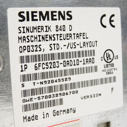 Siemens Sinumerik 840D Maschinensteuertafel 6FC5203-0AD10-1AA0 Version F / Neuwertig