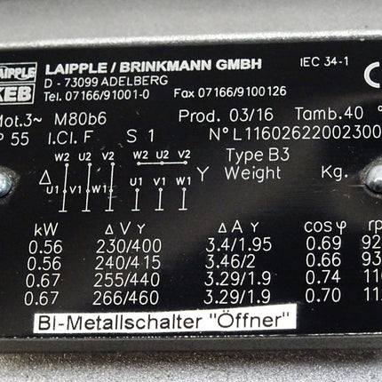 Laipple KEB Elektromotor M80b6 0.56kW 920rpm / Neu - Maranos.de