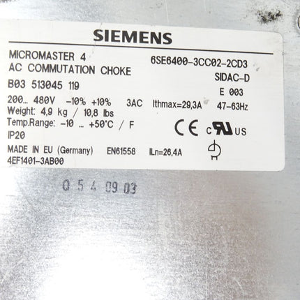 Siemens Micromaster4 AC Commutation choke 6SE6400-3CC02-2CD3 / 6SE6 400-3CC02-2CD3