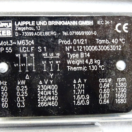 Laipple KEB Elektromotor M63c4 0.25kW 1380rpm / Neu - Maranos.de