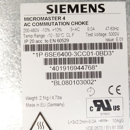Siemens Micromaster4 AC Commutation Choke 6SE6400-3CC01-0BD3 6SE6 400-3CC01-0BD3