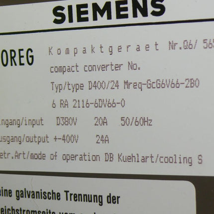 SIEMENS 6RA2116-6DV66-0 SIMOREG DRIVE CONTROL D400/24 Mreq-GcG6V66-2B0 + C98043-1036-L1