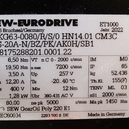 SEW Eurodrive Servomotor P5KG63-0080/R/S/0 HN14.01 CM3C71S-20A-N/BZ/PK/AK0H/SB1 01.8175288201.0001.22 1,28kW i80 2000r/min - Maranos.de