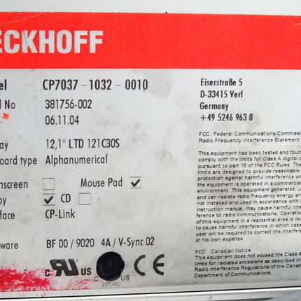 Beckhoff CP7037-1032-0010 12.1" LTD 121C30S Panel Operator Interface - Maranos.de