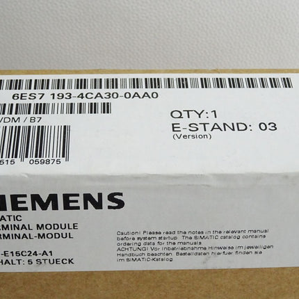 Siemens Terminal Modul Inhalt:5 Stück 6ES7193-4CA30-0AA0 6ES7193-4CA30-0AA0 Neu OVP versiegelt - Maranos.de