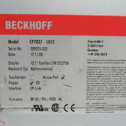 Beckhoff CP7037-1012 12.1" Toshiba LTM12C275A  Panel Operator Interface - Maranos.de