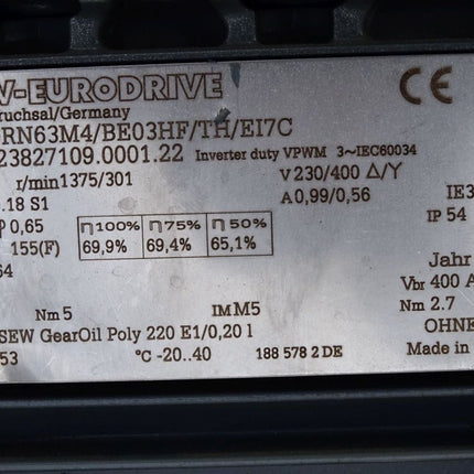 SEW Eurodrive Getriebemotor R07 DRN63M4/BE03HF/TH/EI7C 01.8123827109.0001.22 1375/301r/min 0.18kW i 4,57 Neuwertig - Maranos.de