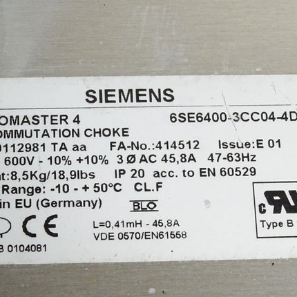 Siemens Micromaster 4 Line reactor 6SE6400-3CC04-4DD0 - Maranos.de