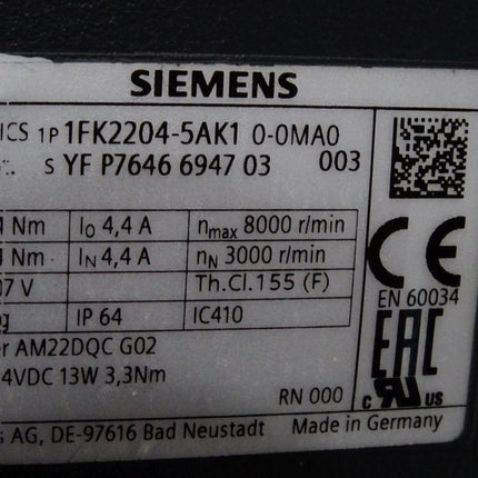 Siemens Simotics S-1FK2 CT Servomotor 1FK2204-5AK1 1FK2204-5AK10-0MA0 / Neu mit Lagerspuren - Maranos.de