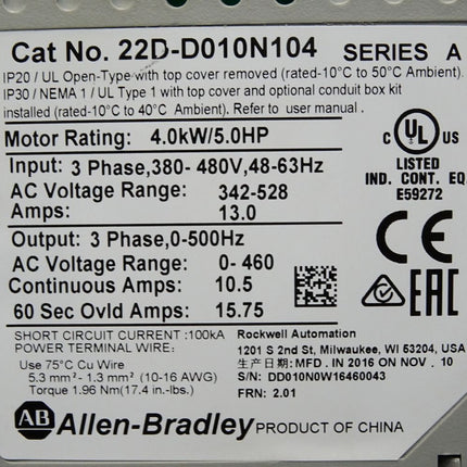 Allen-Bradley PowerFlex 40P 22D-D010N104 Frequenzumrichter 4.0kW / Neuwertig - Maranos.de