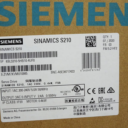 Siemens Sinamics S210 6SL3210-5HB10-4UF0 0.4kW / Neu OVP - Maranos.de