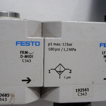 Festo 170682 Einschaltventil HE-D-MIDI + 170685 Abzweigmodul FRM-D-MIDI + 192561 Filter LF-D-5M-MIDI-A + 162586 LR-1/2-D-7-MIDI Druckregelventil - Maranos.de