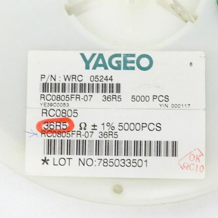 5000x YAGEO SMD Widerstand 36,5 Ohm  / WRC 05244 / RC0805FR-07 / 36R5 / 0805 - Maranos.de