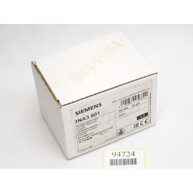 Siemens Sicherungseinsatz 3NA3801 6A / Inhalt : 3 Stück / Neu OVP - Maranos.de