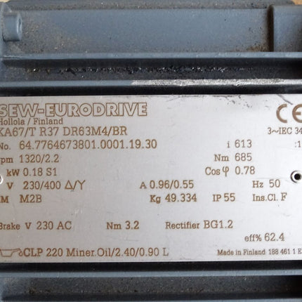 SEW Eurodrive Getriebemotor KA67/TR37DR63M4/BR KA67/T R37 DR63M4/BR 1320/2.2rpm 0.18kW i613 Unbenutzt - Maranos.de