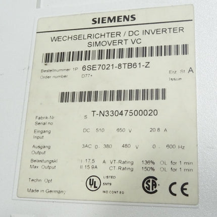 Siemens Simovert Wechselrichter 6SE7021-8TB61-Z D77 6SE7090-0XX84-0AB0 6SE7090-0XX84-0AH2 6SE7098-2XX84-0AH0 - Maranos.de