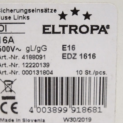 Eltropa Sicherungseinsätze 4188091 DI 16A 500V gL/gG E16 EDZ 1616 Inhalt:10 Stück / Neu OVP - Maranos.de