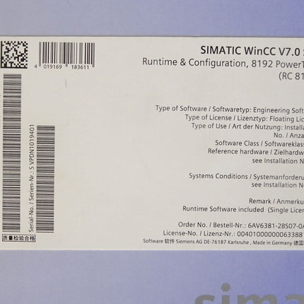 Siemens 6AV6381-2BS07-0AX0 WinCC system software V7.0 SP3 (mit License Key) / Neu OVP - Maranos.de