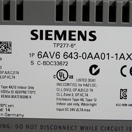 Siemens Panel TP277 -6" 6AV6643-0AA01-1AX0 6AV6 643-0AA01-1AX0 - Maranos.de