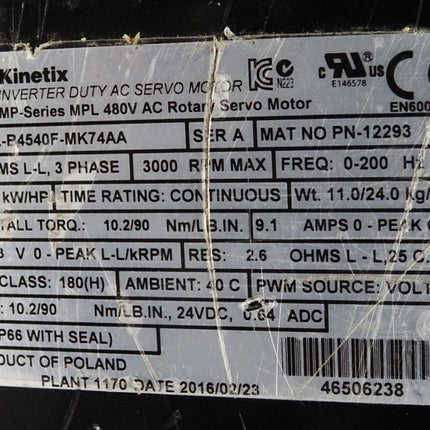 Allen Bradley Kinetix Sevomotor MPL-B4540F-MK74AA PN-12293 3000rpm 2.6kW - Maranos.de
