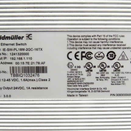 Weidmüller Network switch 1241320000 IE-SW-PL18M-2GC-16TX / Neuwertig OVP - Maranos.de