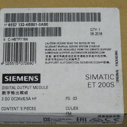 Siemens 5STK 6ES7132-4BB01-0AB0 digitales Ausgabemodul 6ES7 132-4BB01-0AB0 NEU-OVP - Maranos.de