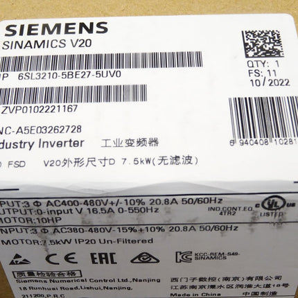 Siemens Sinamics V20 6SL3210-5BE27-5UV0 6SL3 210-5BE27-5UV0 / Neu OVP versiegelt - Maranos.de