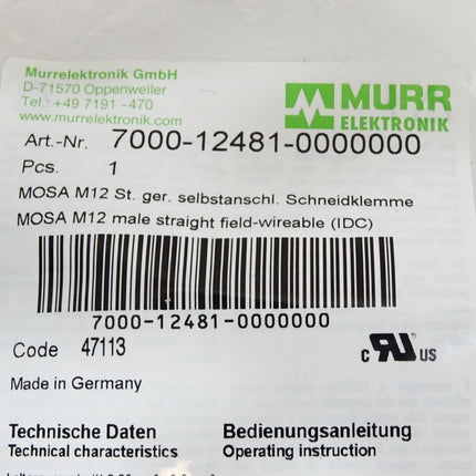 Murr Elektronik 7000-12481-0000000 Stecker gerade M12 / Neu OVP - Maranos.de