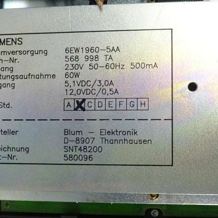 Siemens INDEX C 200-4 Stromversorgung 6EW1960-5AA 19&#180;&#180; Flachbedientafel Farbe  6FC5103-0AB03-0AA0 - Maranos.de