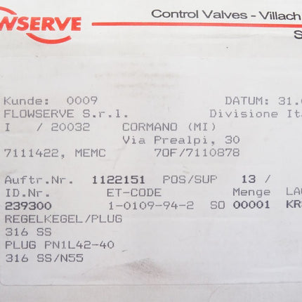 Flowserve Regelkegel/Plug  239300 316SS PLUG PNIL42-40 / 1-0109-94-2 / Neu OVP - Maranos.de