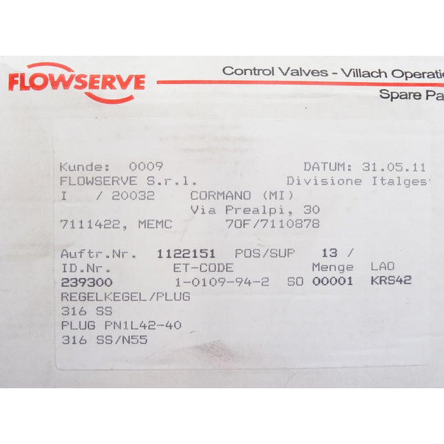 Flowserve Regelkegel/Plug  239300 316SS PLUG PNIL42-40 / 1-0109-94-2 / Neu OVP - Maranos.de