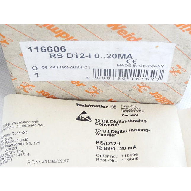 Weidmüller 12bit DAC 116606 RS D12-I 0...20mA  / Neu OVP - Maranos.de