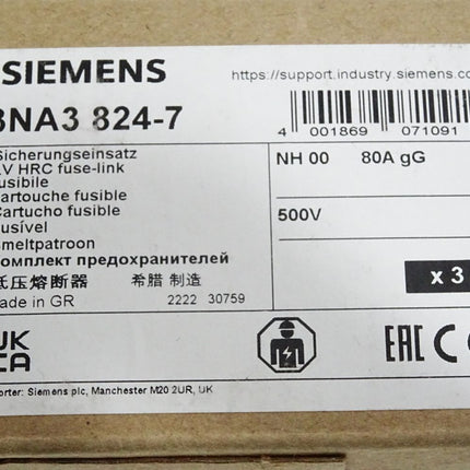 Siemens Sicherungseinsatz 3NA3824-7 NH00 80A gG 500V / Inhalt : 3 Stück / Neu OVP - Maranos.de