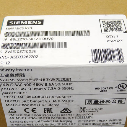 Siemens Sinamics V20 6SL3210-5BE23-0UV0 6SL3 210-5BE23-0UV0 / Neu OVP versiegelt - Maranos.de