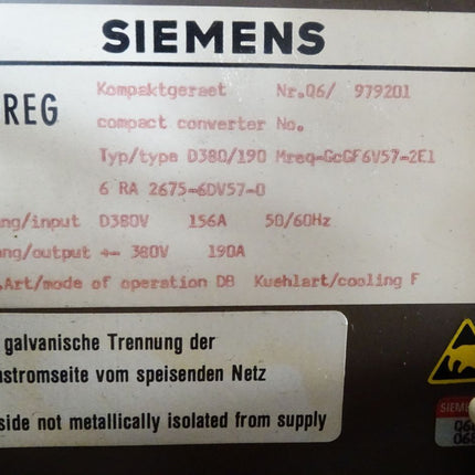 Siemens Simoreg Kompaktgerät D380/190 Mreq-GCGF6V57-2E1 / 6RA2675-6DV57-0 - Maranos.de