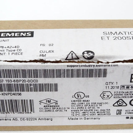 Siemens ET200SP Base Unit 6ES7193-6BP20-0DC0 6ES7 193-6BP20-0DC0 / Neu OVP - Maranos.de