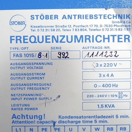 Stöber Frequenzumrichter 1.5kVA FAS1015/B-1 FAS 1015/B-1 - Maranos.de