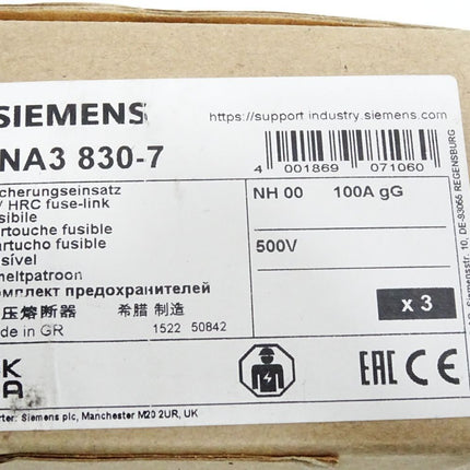 Siemens Sicherungseinsatz 3NA3830-7 NH00 100A gG 500V / Inhalt:3 Stück / Neu OVP - Maranos.de
