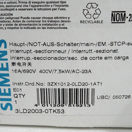 Siemens Haupt-/Not-Aus-Schalter 3LD2003-0TK53 / Neu OVP - Maranos.de