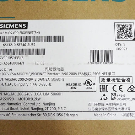 Siemens Sinamics V90 Profinet 6SL3210-5FB10-2UF2 / Neu OVP - Maranos.de