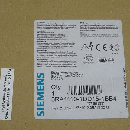 Siemens 3RA1110-1DD15-1BB4 / 3RA1 110-1DD15-1BB4 Starter Combination NEU/OVP - Maranos.de