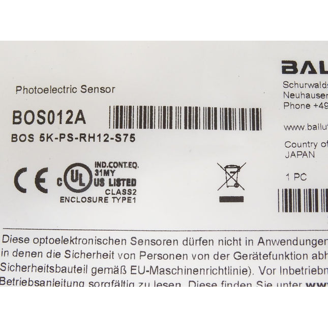 Balluff BOS012A BOS 5K-PS-RH12-S75 Lichttaster mit Hintergrundausblendung / Neu OVP - Maranos.de