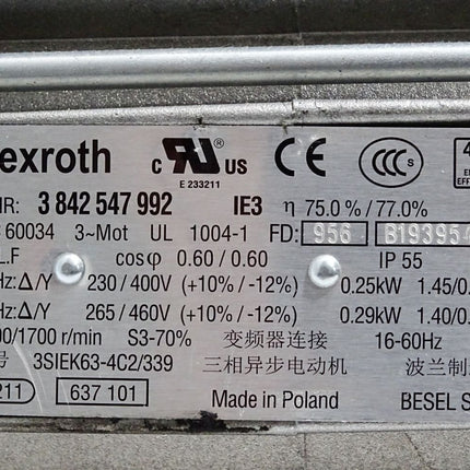 Rexroth 3842547992 Drehstrommotor 1400/1700 r/min 0.25kW - Maranos.de