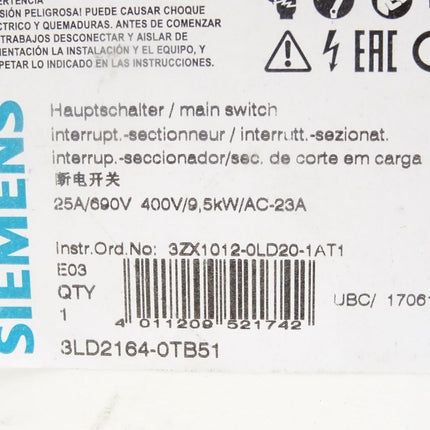 Siemens Hauptschalter 3LD2164-0TB51 / Neu OVP - Maranos.de
