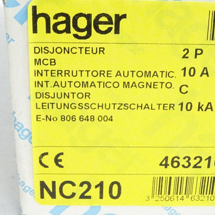 Hager Leitungsschutzschalter NC210 C10 463210 / Inhalt : 1 Stück / Neu - Maranos.de