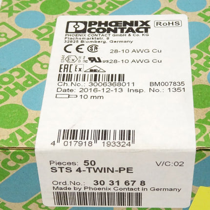 Phoenix Contact Schutzleiter-Reihenklemme STS4-TWIN-PE / 3031678 / Inhalt : 50 Stück / Neu OVP versiegelt - Maranos.de